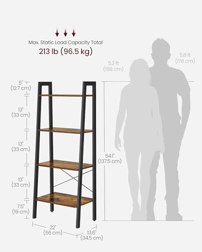 VASAGLE BARNET Collection - Ladder Shelf, Bookshelf, Storage Rack, Modern Bookcase for Living Room Home Office Kitchen, Steel Frame, 4-Tier, 22-Inch Wide, Rustic Brown and Ink Black ULLS44X