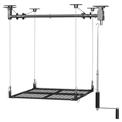YOHKOH 4x4 Ft Overhead Garage Storage Rack with Lifting, 400lbs Garage Storage Lift for Ceiling, 59.1'' Axle Heavy-Duty Metal Garage Ceiling Rack, Black