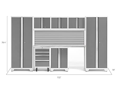 ‎NewAge Products Garage Storage Cabinet Bold 8 PC Set Red Include LED Lights, Slatwall Backsplash, Worktops, 2 x Multi-Use Lockers, 3 x Wall, Two-Door Base and Rolling Tool Drawer Cabinets, 56246