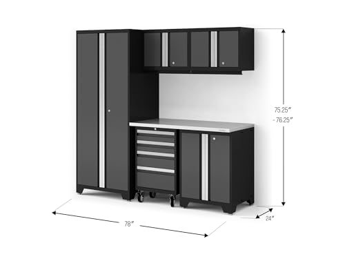 NewAge Products Bold XL Series Gray 6 Piece Garage Cabinets Set with Tool, Base, Wall Cabinets, Stainless Steel Worktop and 30 in. Locker, Heavy Duty Steel Garage Storage System, 64001