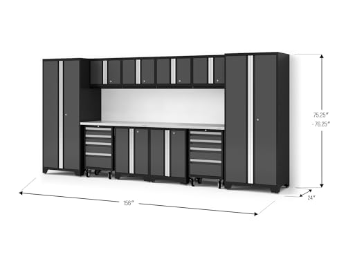 NewAge Products Bold XL Series Gray 12 Piece Garage Cabinets Set with Tool, Base, Wall Cabinets, Stainless Steel Worktop and 30 in. Lockers, Heavy Duty Steel Garage Storage System, 64017