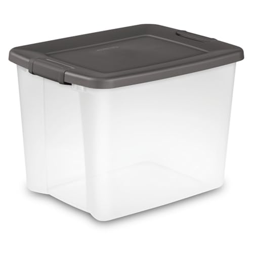 Sterilite 12-Pack 50 Quart ShelfTotes, Clear Plastic Storage Organizer Bins, Flat Gray Lid - Large Stackable Containers for Garage Shelves, Basement Room, Attic, and Home Organization