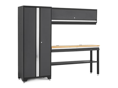 NewAge Products Bold Series Gray All-in-one 4pc Set, 30 in. Locker, Wall Cabinet, 60 in RTA Workbench with Bamboo Worktop, 24-Gauge Heavy Duty Steel Garage Storage Cabinets, 73501