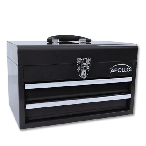 Apollo Tools 14 Inch Steel Tool Box with Deep Top Compartment and 2 Drawers in Heavy-Duty Steel With Ball Bearing Opening and Powder Coated Finish Black
