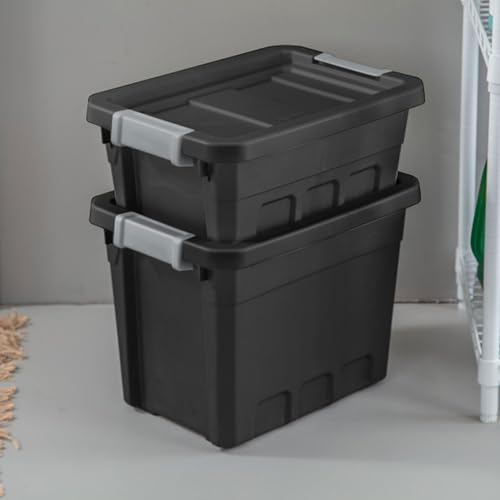 Sterilite 6-Pack Stacker Tote, Stackable Plastic Storage Bins with Lids, 4 Gallon, Black - Small Organizer Bin Containers for Bed, Garage, Office, Kitchen, and Classroom Organization