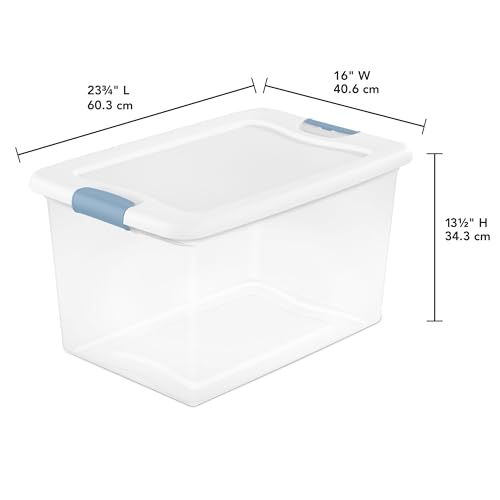 Sterilite 4-Pack 64 Quart Latching Box, Clear Plastic Storage Organizer Bins with White Lids - Large Stackable Containers for Home Bedroom, Dorm Room, and Closet Organization