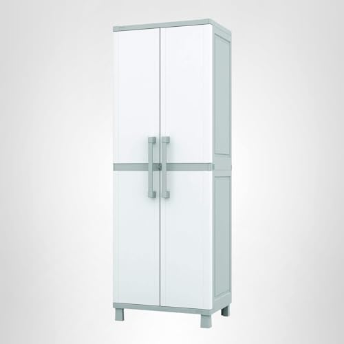 Keter Storage Cabinet with Doors and Shelves for Laundry Room, Garage, Bathroom Accessories, Closet and Home Organization, White & Grey