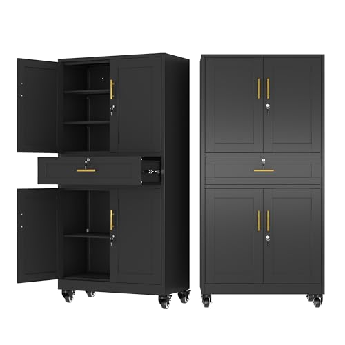 Ckzbx Metal Garage Storage Cabinet with Locking Drawers and Adjustable Shelves,71" H Steel File Cabinet with Wheels for Garage,Office (Black)