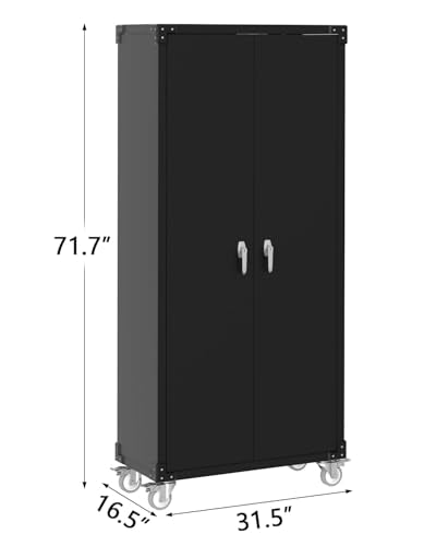 72-Inch H Black Metal Garage Storage Cabinet with Wheels & Pegboard, Locking 2-Door Rolling Storage Cabinet with 4 Adjustable Shelves for Garage, Workshop & Home Office