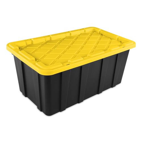Sterilite 38 Gal Industrial Tote, Stackable Storage Bin with Snap-Fit Lid for Garage, Basement & Attic Storage, Black Base and Yellow Lily Lid, 4-Pack
