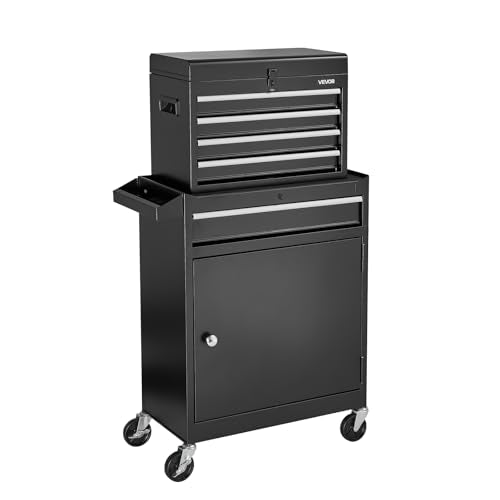 VEVOR Rolling Tool Chest, 2-in-1 Design, 5 Drawers Tool Cabinet Organizer with Detachable Top Metal Toolbox, Lock Bar, Protective Liner, and Tools Rack, Garage Storage Cabinet for Warehouse, Workshop