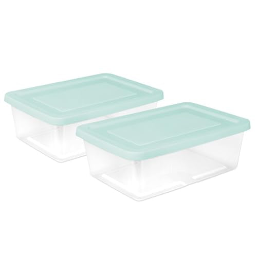 Sterilite 12 Pack Storage Boxes, Clear Plastic Stackable Containers, Lightweight Home Organizers with Snap Lids, 12 Quart, Mindful Mint