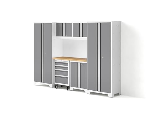 NewAge Products Bold Series 7 Piece Set, Garage Cabinets, White with Stainless Steel Worktop, 54871