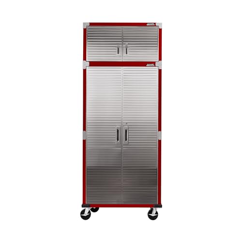 Seville Classics UltraHD 2-Piece Heavy Duty Mega Solid Steel Metal 2-Door Lockable Stacker Wall Storage, Cabinet Set Organizer for Garage, Office, Classroom, Red, 36" W x 18" D x 90.5" H