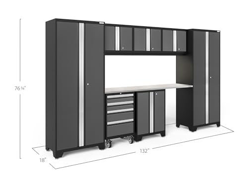 NewAge Products Garage Storage Cabinet Bold Series 8 Piece Set Gray, Include 72" Stainless Steel Worktop, Two-Door Base, 1x Rolling Tool Drawer, 3X Wall Cabinets, 2X Multi-Use Lockers, 50426