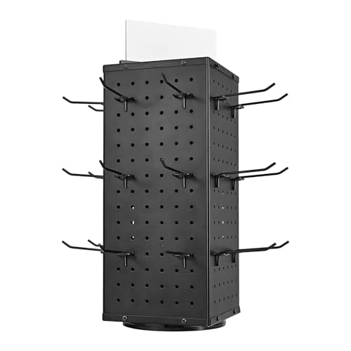 VEVOR Rotating Pegboard Display Stand, 7.4 x 7.4 x 17 in 4-Sided Spinning Peg Board Display with 24 Hooks, Thickened Cold-Rolled Steel Craft Rack Organizer for Grocery Retail Store Jewelry Shop, Black