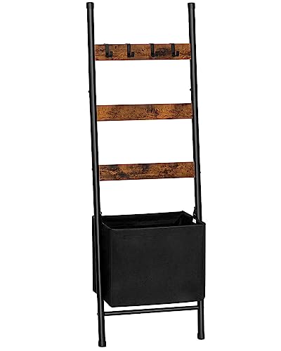 HOOBRO Blanket Ladder with Basket, 17.3”L x 63.4”H, Towel Rack with Hooks, Blanket Holder Rack, Decorative Ladder Shelf, Drying and Display Rack for Bathroom, Living Room, Rustic Brown BF31CJ01