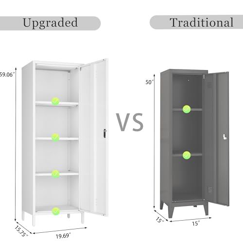 Steehoom Metal Locker Cabinet with Lock, Lockable Steel File Locker with Door and 3 Adjustable Narrow Storage Cabinet Shelves for Living Room, School, Pantry, Garage, Office (White, H59.06'')
