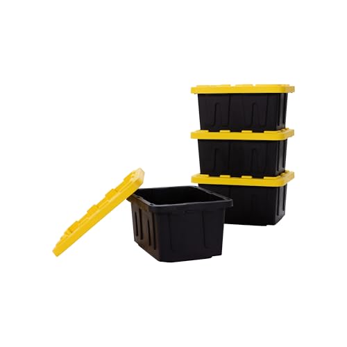 Plastic 5-Gallon Storage Tote with Lockable Lid, Stackable Tough Regular-Duty Bin for Garage, Tools, and Home Organization (4-Pack) - Black and Yellow
