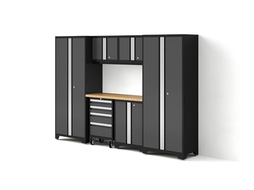 NewAge Products Garage Storage Cabinets Steel Bold Series 7 Piece Sets Includes Bamboo Worktop, Multi-Use lockers, Wall, Base and Rolling Tool Cabinets, Gray, 50421