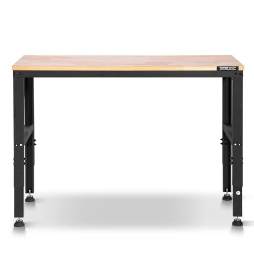 VEVOR Adjustable Workbench, 48 x 20-inch Heavy Duty Work Bench with 28.5-38.3 Inches Height Adjustment, 2000 lbs Capacity Garage Workbench with Power Outlets, Suitable for Office, Garage, Workshop