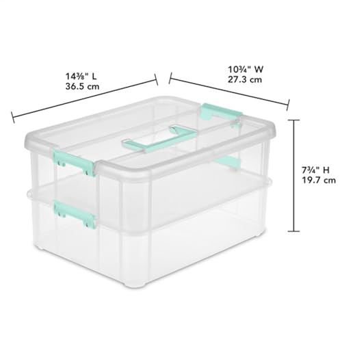 Sterilite 4-Pack Stack & Carry, 2 Layer Handle Box for Home & Office Storage - Clear Base & Lid with Color Latches, Organizer for Art & Craft Supplies, Sewing Tools or 8.5" x 11" Paper