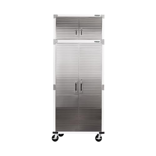 Seville Classics UltraHD 2-Piece Heavy Duty Mega Solid Steel Metal 2-Door Lockable Stacker Wall Storage, Cabinet Set Organizer for Garage, Office, Classroom, White, 36" W x 18" D x 90.5" H