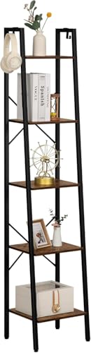 Hzuaneri Ladder Shelf, Bookshelf Bookcase, Freestanding Corner Storage Shelve with 2 Hooks for Home Office, Living Room, Kitchen, Bedroom, Industrial, 11.8" D x 13.4" W x 63" H, Rustic Brown BC03201B
