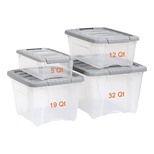 Amazon Basics Plastic Storage Containers with Secure Latching Lids, Stackable Organization Bins, Clear/Grey, 32 Quart, Set of 6