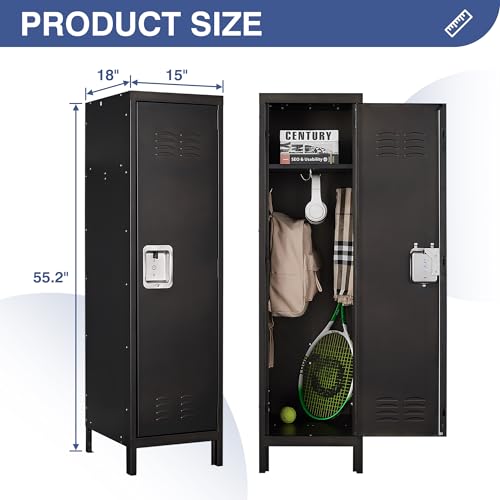 Anxxsu Metal Storage Locker, Lockable Employees Metal Locker with Door, 55" Height Steel Locker for Home, School, Office, Gym (Retro Black)