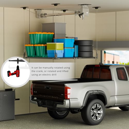YOHKOH 4x4 Ft Overhead Garage Storage Rack with Lifting, 400lbs Garage Storage Lift for Ceiling, 59.1'' Axle Heavy-Duty Metal Garage Ceiling Rack, Black