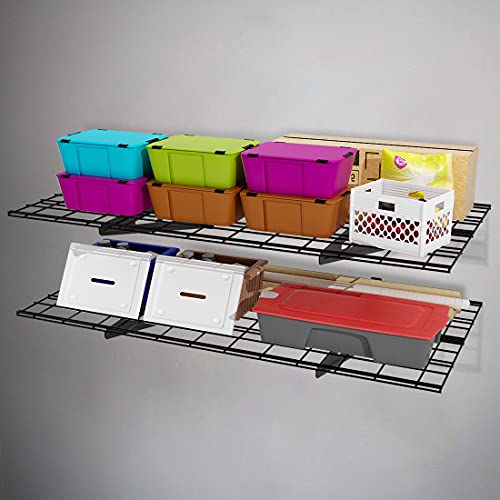 FLEXIMOUNTS Garage Storage Bundle – 2-Pack 2x4ft Wall Mounted Floating Shelves 24"x48"& 3x6ft Adjustable Overhead Ceiling Rack 72"x36"x40", 450lbs Capacity, Black