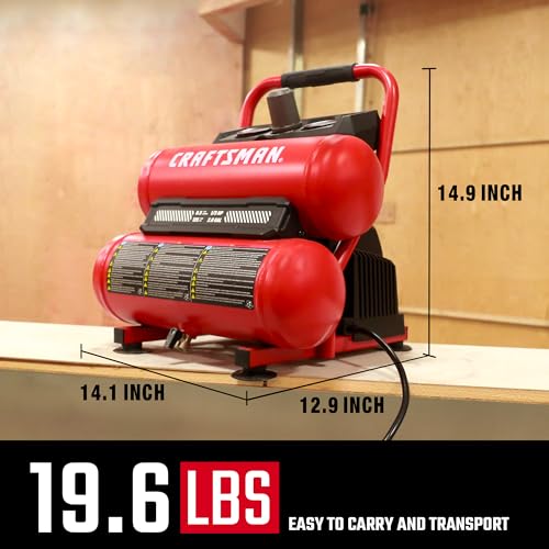 Craftsman 2-Gallon Air Compressor, 1/3 HP Oil-Free Twin Tank, 125 PSI Max – Portable & Quiet for Home DIY, Tire Inflation, Nailing & Spray Painting (Twin Stack)