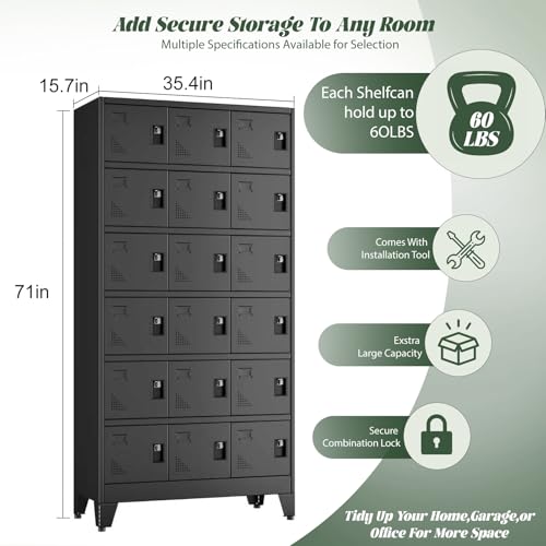 Lusiwry Metal Lockers for Employees-18 Doors Storage Locker with Shelves and Lockable Steel Cabinet for School,Gym,Office,Staff,Assembly Required,Black