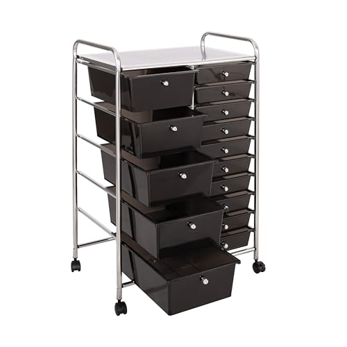 Seville Classics Rolling Utility Organizer Storage Cart , for Home Office, School, Classroom, Scrapbook, Hobby, Craft, 15 Drawer, Black