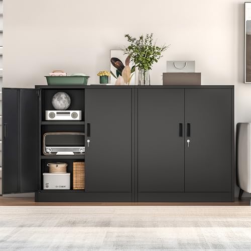 Wanfu Metal Storage Cabinet, 36" H Locking Storage Cabinet with 2 Adjustable Shelves, Metal Cabinets for Garage, Home, Office, Utility Room-Black