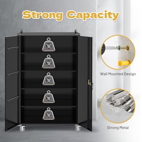 biosp 72" H Wide & Deep Garage Storage Cabinet with Wheels & Pegboards, Metal Storage Cabinet with Locking Door & Adjustable Shelves, Rolling Tool Cabinet for Garage, Shop, Office, 72"x43"x22"