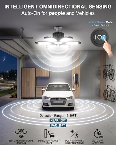 BRAINIAC Motion Sensor Garage Light with 3 Switch Modes, E26/E27 Screw in Garage Lights Ceiling LED Motion Activated for Garage/Shop/Porch-150W 15000LM 6000K