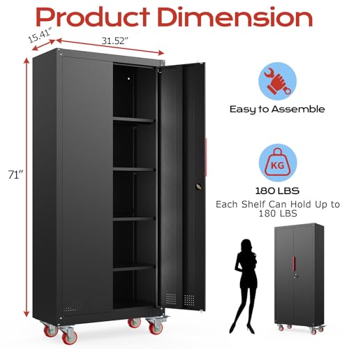 LMTC 71" H Garage Storage Cabinet with 4 Adjustable Shelves and Wheels, Lockable Metal Storage Cabinet for Garage, Home, Warehouse, Assembly Required,Black