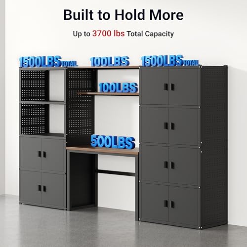 FLEXIMOUNTS Garage Storage Cabinet System, 3-in-1 Modular Metal Tool Cabinet w/ Workbench and Metal Board Shelf Includes Pegboard, 24-Gauge Steel, 117"(L) w/ 6 Doors, Black, FLEXIMOD Series