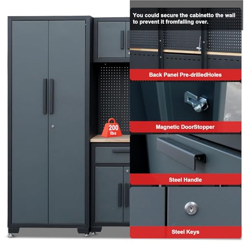 Tsnritor Garage Storage Cabinet System, 9PCS Tool Chest Workbench Storage System in Black, Included Steel Cabinets Drawers Rolling Chest and Pegboard,Locked Garage Storage Cabinet,Grey Handle