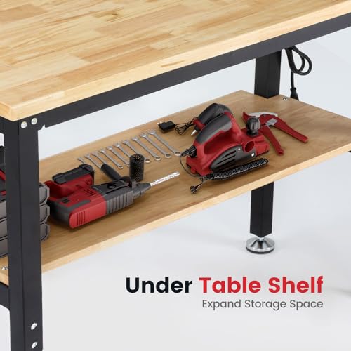 ENJOYWOOD 48 Inch Work Table for Garage Adjustable Height Rubber Wood Tabletop Workbench with Storage Work Bench Table with Power Outlets Pegboard Pad for Woodworking Shop Home Office