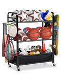EXTCCT Ball Storage Sports Equipment Organizer - Garage Storage Cart Rolling Ball Storage Rack with Hooks Wheels Outdoor Indoor Gym Gear Toy Holder Bin for Basketball, Baseball, Soccer