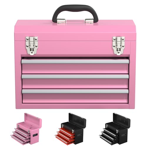 Kieperi 3 Drawers small Tool Box, Portable 3 Drawer Steel Tool Box with Locking System toolbox organization with Liner for Tools Storage (Pink)