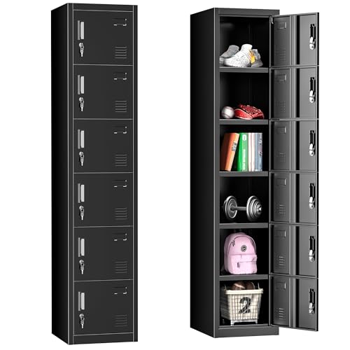 INTERGREAT 6 Door Storage Lockers for Employees, Metal Office Gym Lockers with Lock, Lockable Steel School Locker Organizer with Shelf and Card Slot for Home, Garage, Black