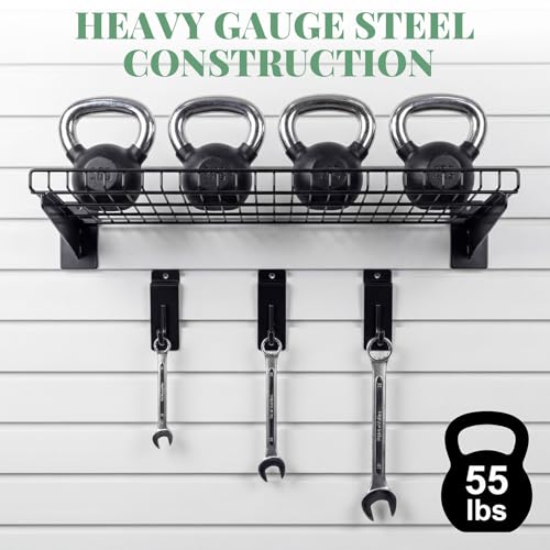 Noliven 4 Pack 23.6x16.3 Inch Slatwall Shelves, Carbon Steel Slat Wall Wire Shelf with 12 Hooks, 55 lbs Load Capacity Per Piece, Universal Slatwall Accessories for Retail, Garage, Home, Black