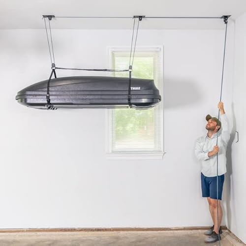 Teal Triangle Ceiling Storage Hoist for Cargo Box - Heavy Duty Garage Storage Lift - Garage Pulley Lift System Holds 150 lbs and Fits 8-10 ft Tall Garage Ceilings