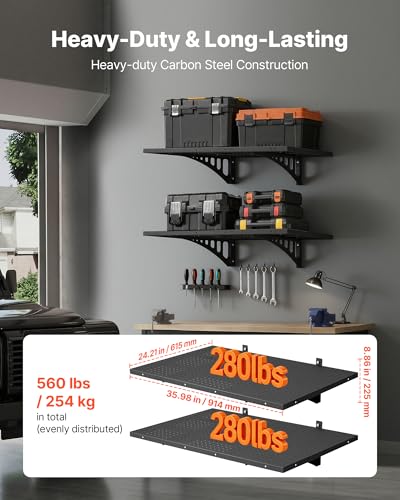 VEVOR 2-Pack Heavy Duty Garage Wall Shelving, 2 x 3 ft Steel Wall Mounted Shelving Unit, 24 x 36 Inch Per Shelf Floating Storage Metal Rack for Garage with 560 lbs Total Weight Capacity