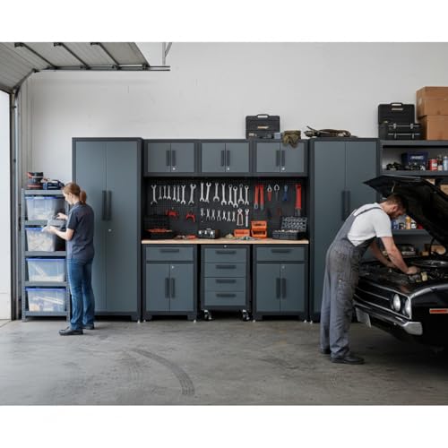 Tsnritor Garage Storage Cabinet System, 9-Pcs Garage Cabinets and Storage System Corner Workshop Set with Corner Cabinet, Cabinet Drawers, Workbench, Pegboard for Tool Organization, Black and Grey