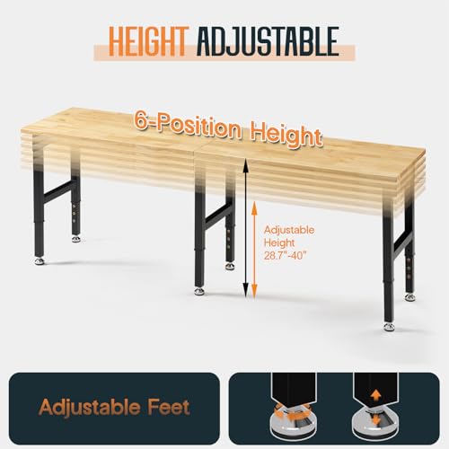 SPECRAFT 96" Adjustable Heavy Duty Workbench with 4 AC Outlet and 2 USB Ports Power Outlets, 6000 Lbs Capacity, Rubber Wood Top for Garage, Workshop, Office